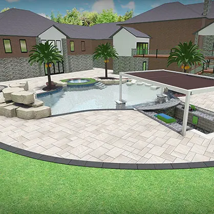 A 3D design of a backyard pool area that includes a pergola, seating, trees, and stonework