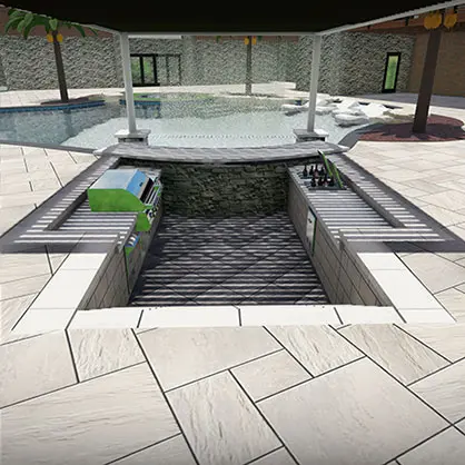 A 3D design of a backyard pool area that includes a pergola, outdoor kitchen, seating, and trees
