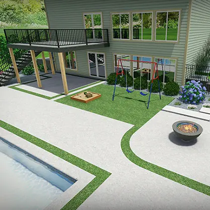 A 3D design of a backyard area that includes a swingset, sandbox, fire pit, and pool