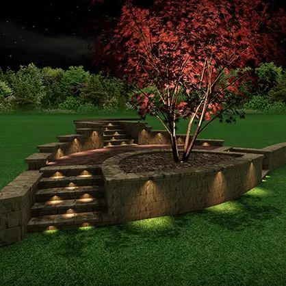 A 3D design of a stone wall, staircase, and garden bed 