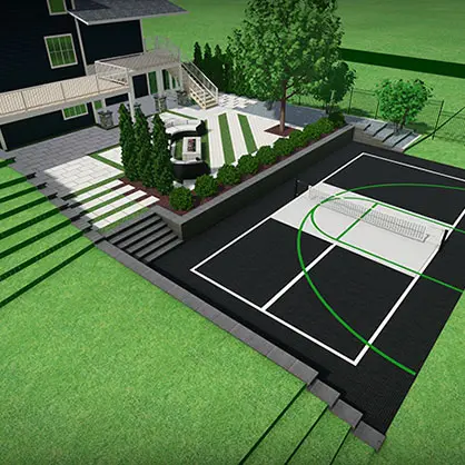 A 3D design of a backyard area with seating, a fire pit, and a court for basketball and pickleball