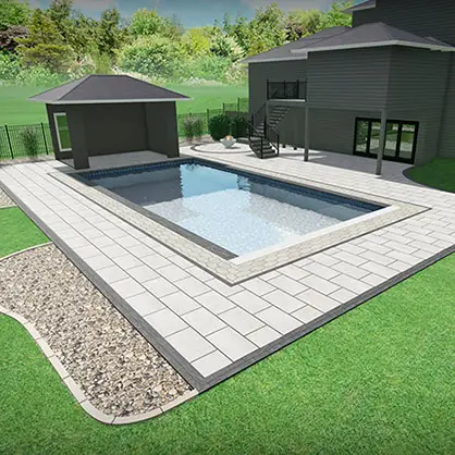 A 3D design of an outdoor pool area