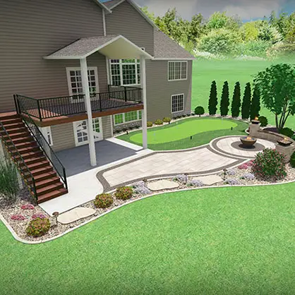 A 3D design of an outdoor living area that includes a fire pit and putting green