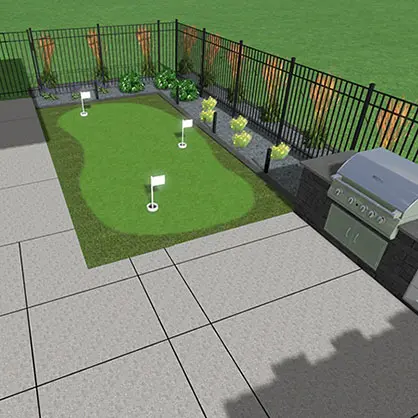 A 3D design of an outdoor putting green and grilling area