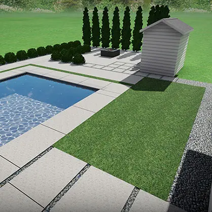 A 3D design of an outdoor pool and fire pit area that includes a stone walkway, trees, and a small outdoor building