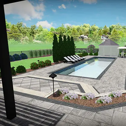A 3D design of an outdoor living area that includes a pool, garden beds, gazebo, and covered seating