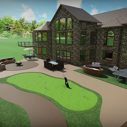 A 3D design of an outdoor living area with a fire pit, covered seating, ping pong table, and putting green