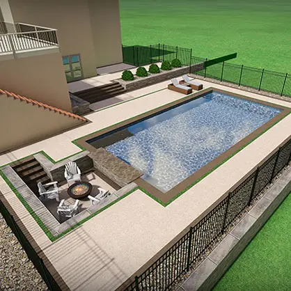 A 3D design of an outdoor living area with seating, a fire pit, and a pool
