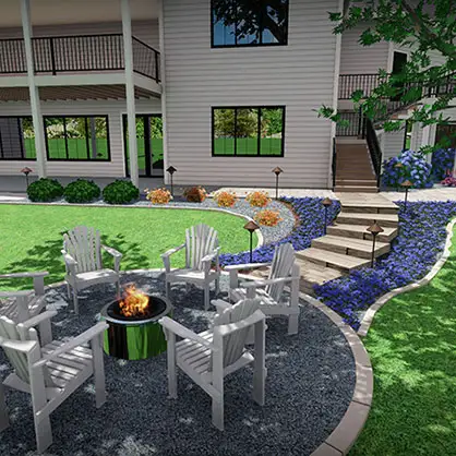A 3D design of an outdoor fire pit and stone staircase