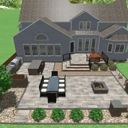 A 3D design of an outdoor living space with a kitchen, dining area, and fire pit