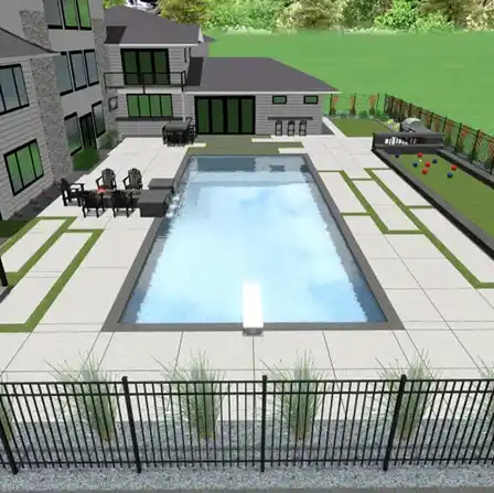 A 3D design of an outdoor pool surrounded by seating, a fire pit, and a bocce ball area