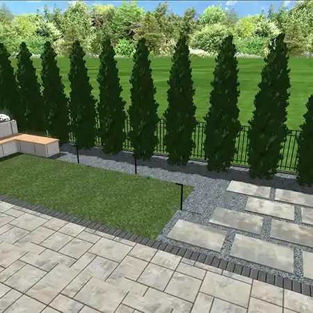 A 3D design of a stone paver area in a backyard
