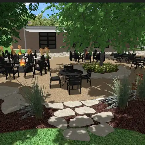 A 3D design of a large outdoor seating area that includes fireplace, stone walkways, and a large tree