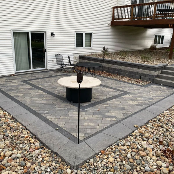 A stone outdoor patio area