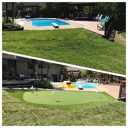 An outdoor living space features a turf putting green next to a pool