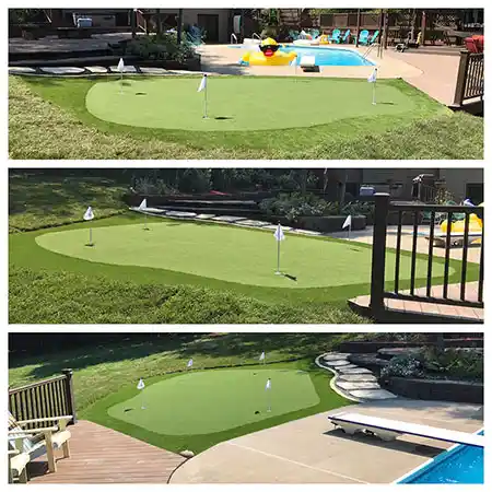 An outdoor living space features a turf putting green next to a pool